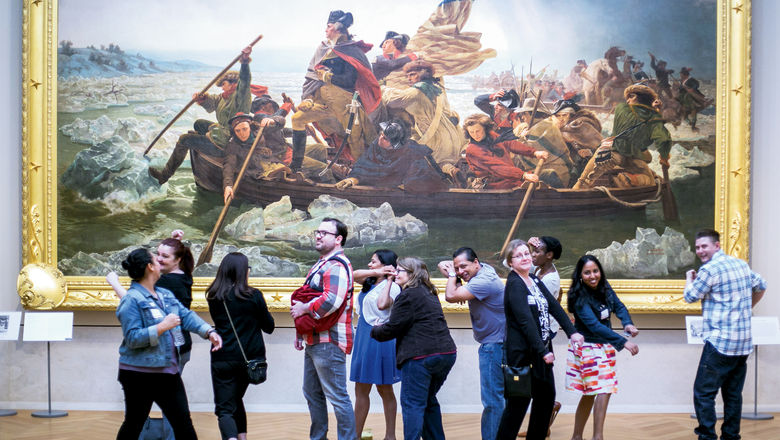 A Museum Hack tour group re-enacts the painting “Washington Crossing the Delaware” at New York’s Metropolitan Museum of Art.