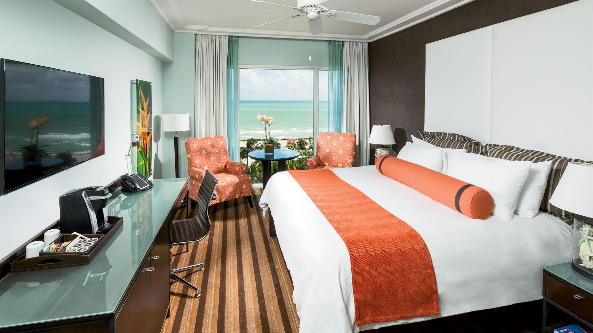 The Oceanfront rooms at the Palms Hotel & Spa contain a king bed and are about 380 square feet.