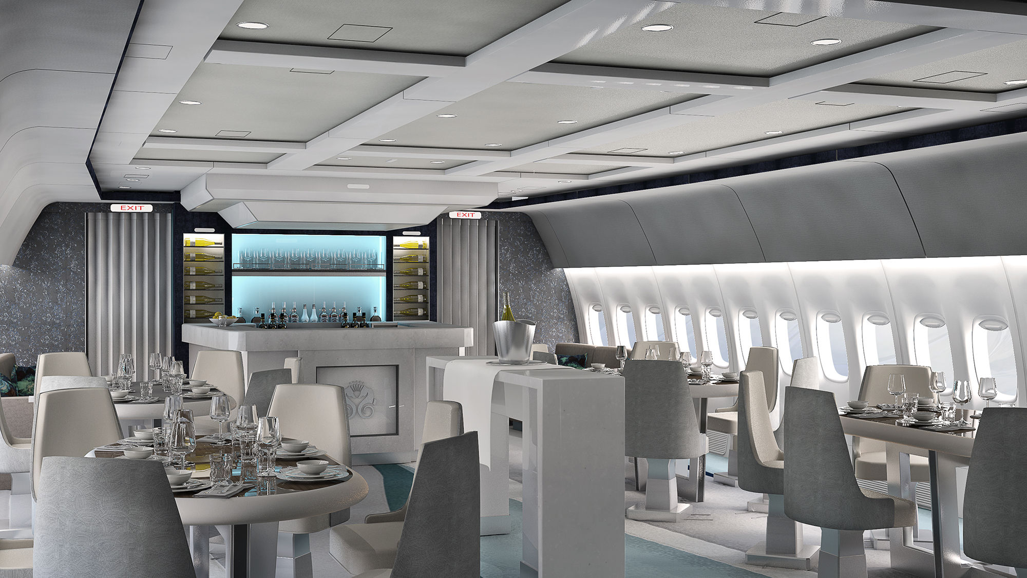 A rendering of the dining cabin on a CrystalAir jet.