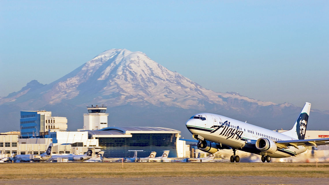 An Alaska Airlines flight takes off from Seattle-Tacoma Airport.