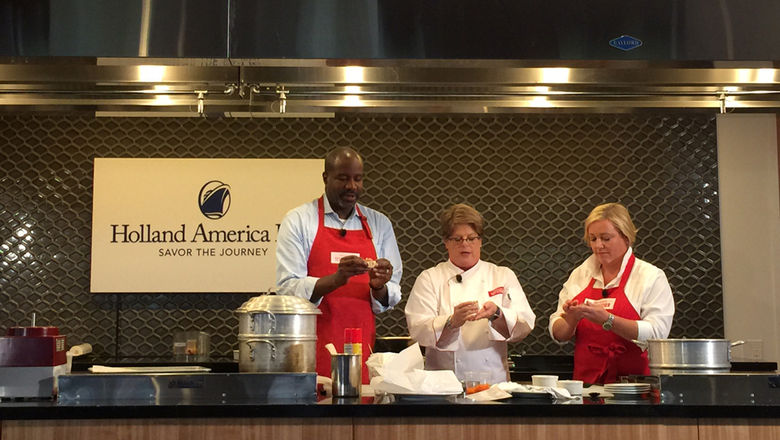 From left, HAL president Orlando Ashford, HAL cooking instructor Barbara Mills Schuchardt and America's Test Kitchen host Julia Collin Davison preparing dumplings at the Institute of Culinary Education in New York on Tuesday.