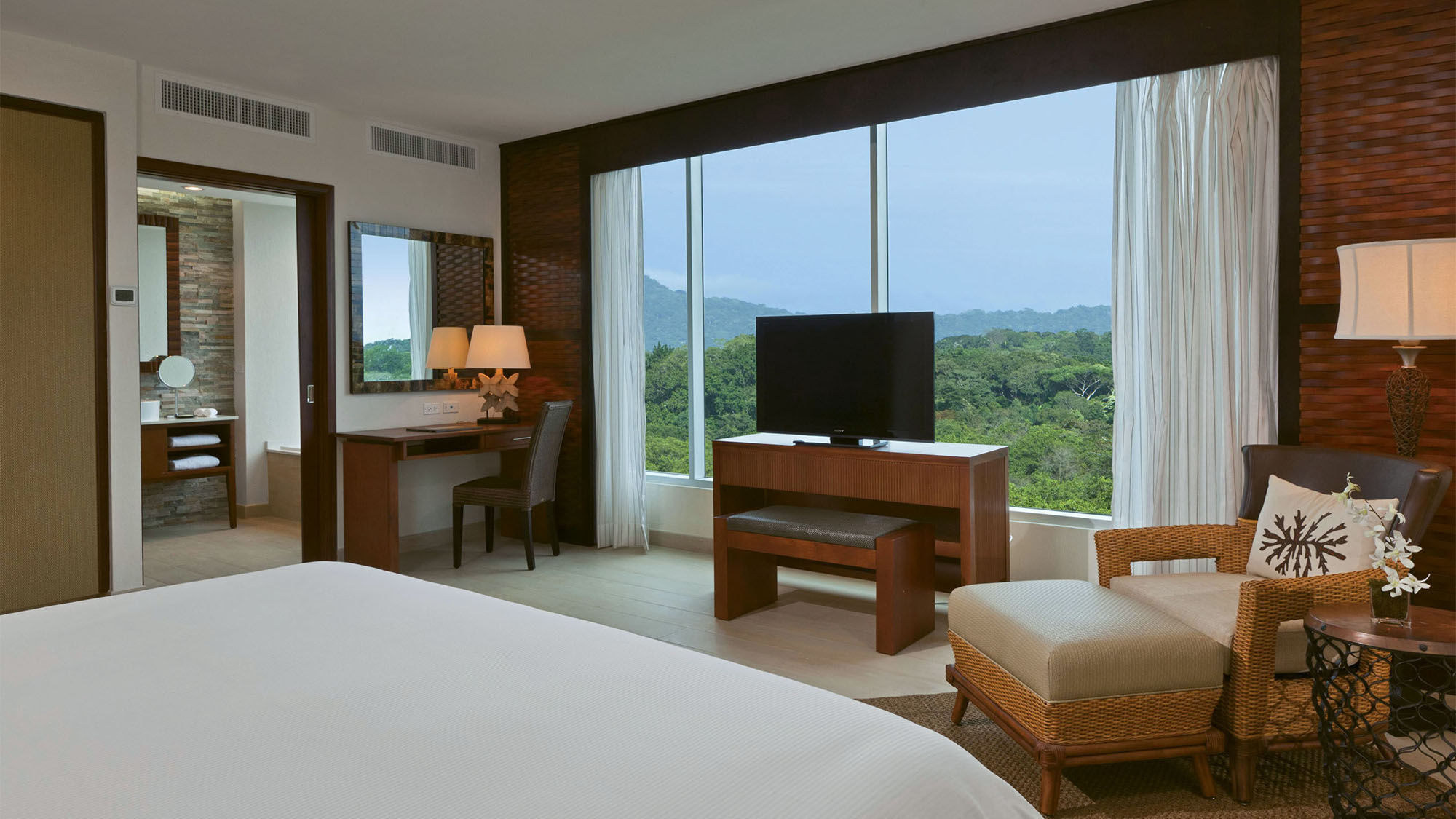 A Westin Playa Bonita guestroom with a rainforest view. The resort is about 20 minutes from downtown Panama City.