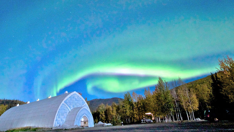 The aurora over the the Aurora Ice Museum.