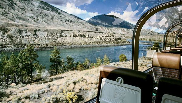 The view from a Rocky Mountaineer GoldLeaf service dome coach.