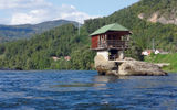 This small fishing cabin sits elevated on rocks above the Drina River, which marks Serbia's western border with Bosnia.
