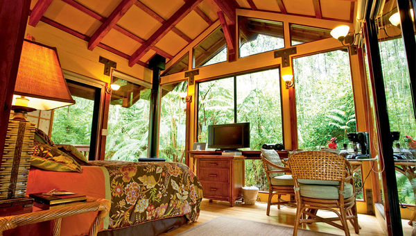 A guestroom at the Volcano Village Lodge, which is 4,000 feet above sea level. A guestroom at the Volcano Village Lodge, which is 4,000 feet above sea level.