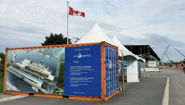 A shipping container displays a rendering of the Montreal cruise terminal, which is under construction in the background; it is expected to be ready for the season’s first call in the spring. A shipping container displays a rendering of the Montreal cruise terminal, which is under construction in the background; it is expected to be ready for the season’s first call in the spring.