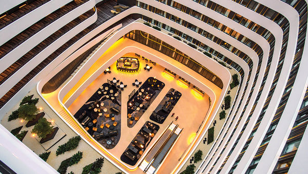 The Hilton Amsterdam Airport Schiphol has a 140-foot-high atrium and a cubist design created by Dutch architecture firm Mecanoo.