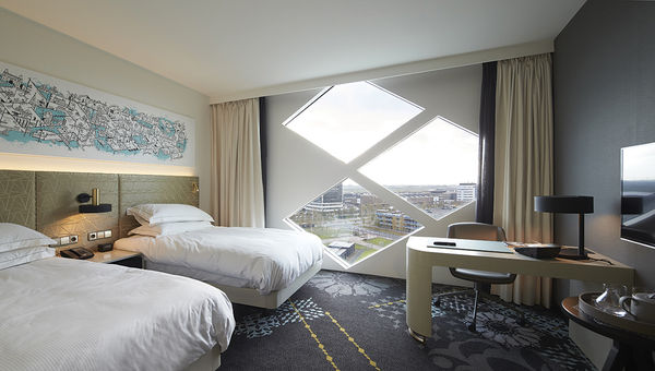 A guestroom in Hilton Amsterdam Airport Schiphol.