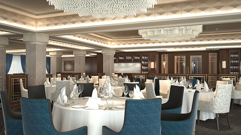 The 698-passenger ship will undergo a dry-dock renovation next year, part of a $125 million investment in the Regent Seven Seas Cruises fleet. It will embark on its first post-renovation sailing in May. Signature restaurant Compass Rose on Deck 5 will get a completely new look during the renovation. A rendering, courtesy of Regent Seven Seas Cruises, shows the planned renovation of the restaurant, its chandeliers being manufactured by the Czechoslovakian company Preciosa.