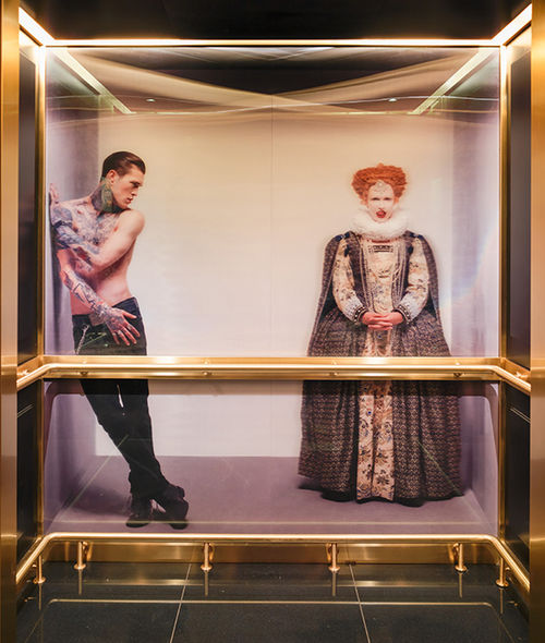 Elevators at the Mondrian London are adorned with holographic, life-size images featuring unlikely pairs, such as a tattooed rock star with Queen Elizabeth I and an astronaut with an English rapper. Elevators at the Mondrian London are adorned with holographic, life-size images featuring unlikely pairs, such as a tattooed rock star with Queen Elizabeth I and an astronaut with an English rapper.