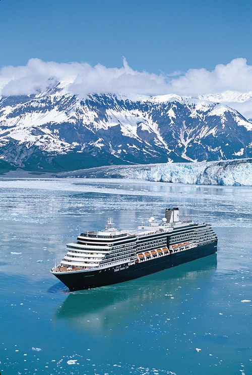 Holland America Line's Oosterdam with Hubbard Glacier in the background. Holland America Line's Oosterdam with Hubbard Glacier in the background.