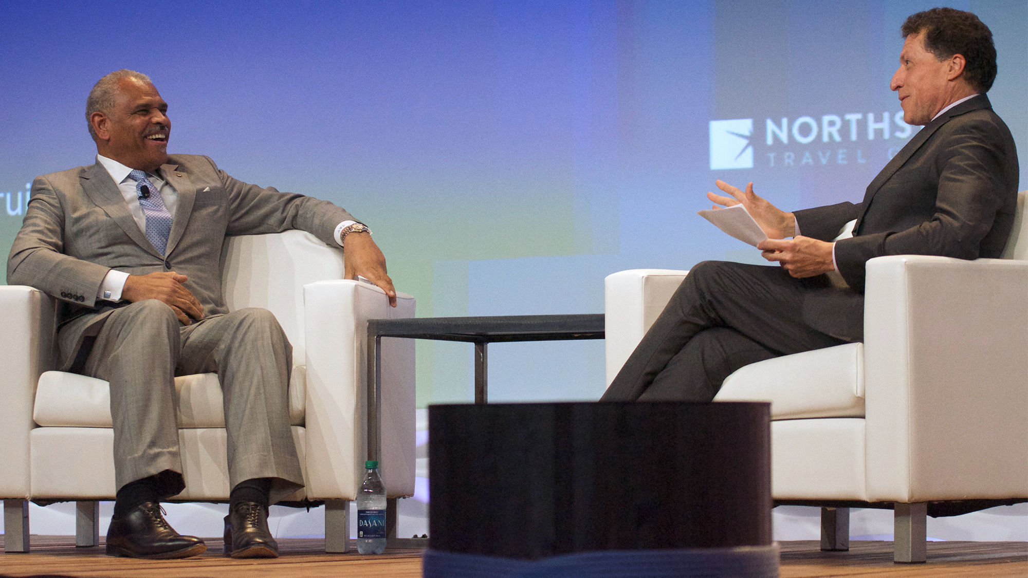 Carnival Corp. CEO Arnold Donald with Travel Weekly editor in chief Arnie Weissmann at CruiseWorld.