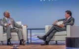 Carnival Corp. CEO Arnold Donald, left, and Travel Weekly editor in chief Arnie Weissmann took the stage on the opening day of CruiseWorld 2016 for the CEO Conversation session. The show, which opened Nov. 9 in Fort Lauderdale, spans three days of agent seminars, executive panels, a trade show and other events.