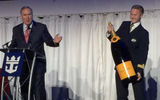 Fain explained the sovereign-sized champagne bottle to be used in the naming ceremony.
