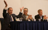 From left, Joel Cohen of New York City Vacation Packages, Barry Karp of ShoreTrips and thomas Valley of SeaWorld discussed the state of U.S. travel sales in a breakout session moderated by Travel Weekly destinations editor Eric Moya.