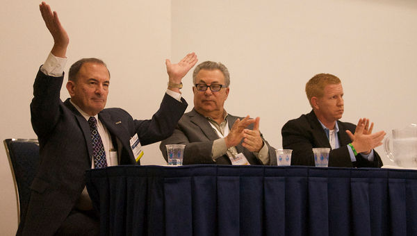 The "Selling U.S. Travel" panelists (from left): Joel Cohen, New York City Vacation Packages; Barry Karp, ShoreTrips; and Thomas Valley, SeaWorld Parks & Entertainment. The "Selling U.S. Travel" panelists (from left): Joel Cohen, New York City Vacation Packages; Barry Karp, ShoreTrips; and Thomas Valley, SeaWorld Parks & Entertainment.