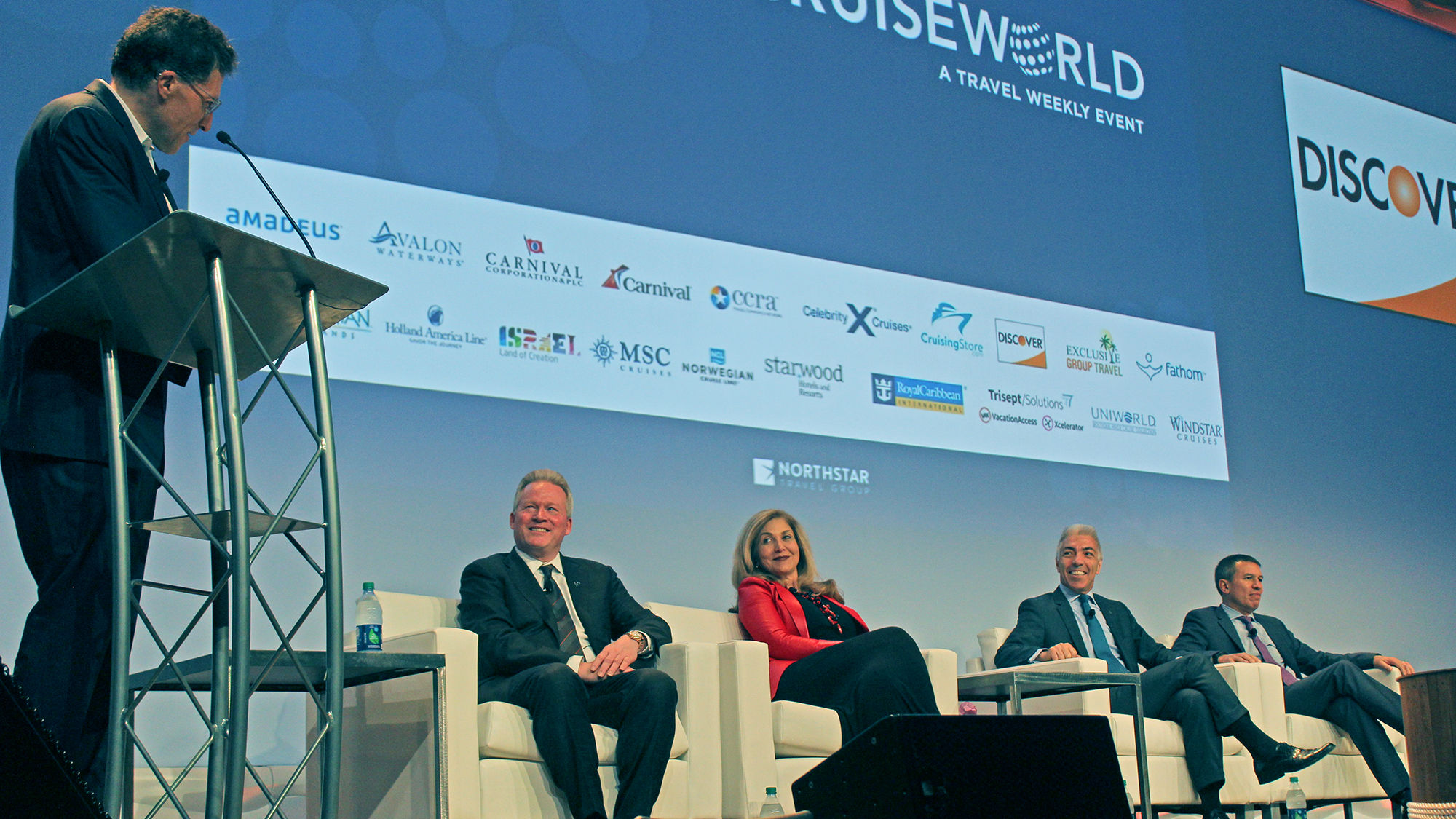 The CruiseWorld Presidents Panel, from left: Moderator Arnie Weissmann from Travel Weekly, Windstar's John Delaney, Crystal's Edie Rodriguez, MSC's Roberto Fusaro and Norwegian Cruise Line's Andy Stuart.
