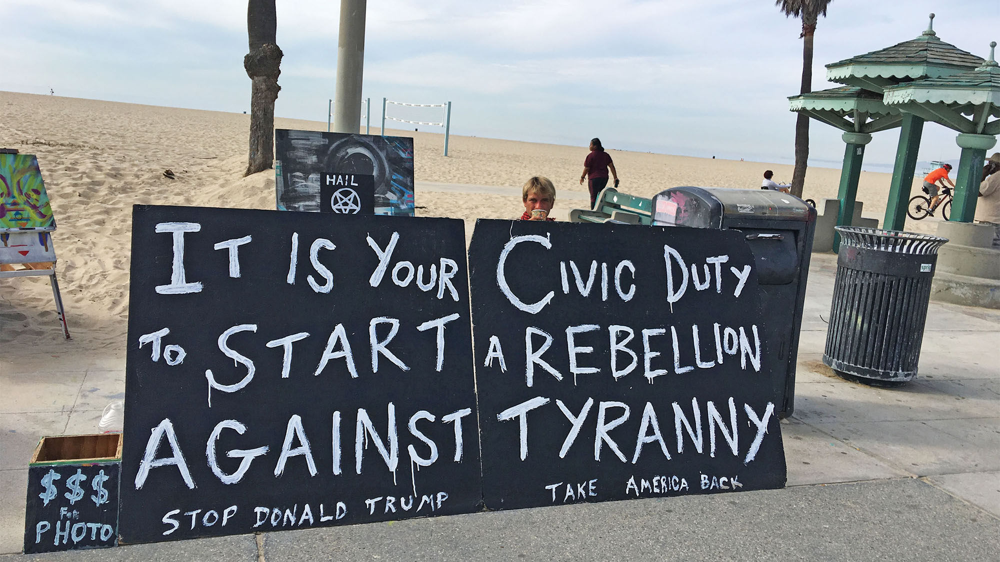 A sign on Venice Beach, Calif., after the presidential election.