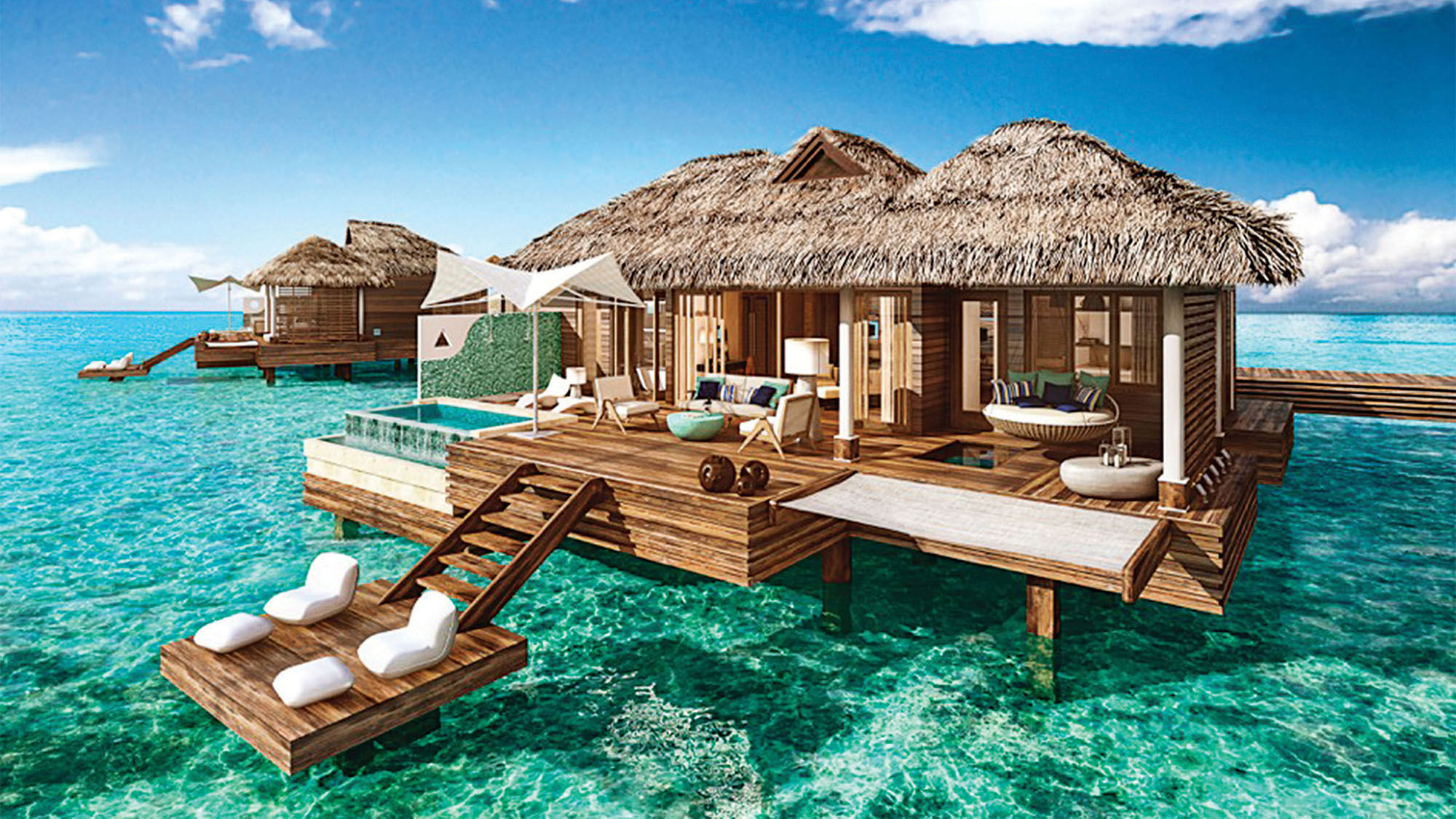 Rendering of the overwater bungalows at Sandals Royal Caribbean.