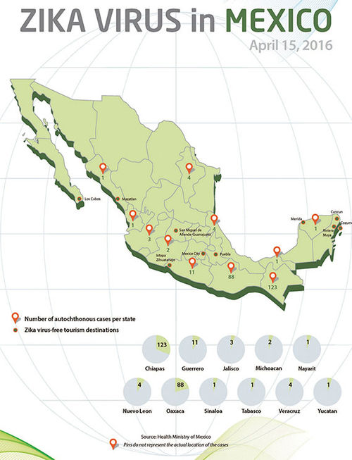 A map published by the Mexico Tourism Board showing the number of reported Zika cases in the country. A map published by the Mexico Tourism Board showing the number of reported Zika cases in the country.