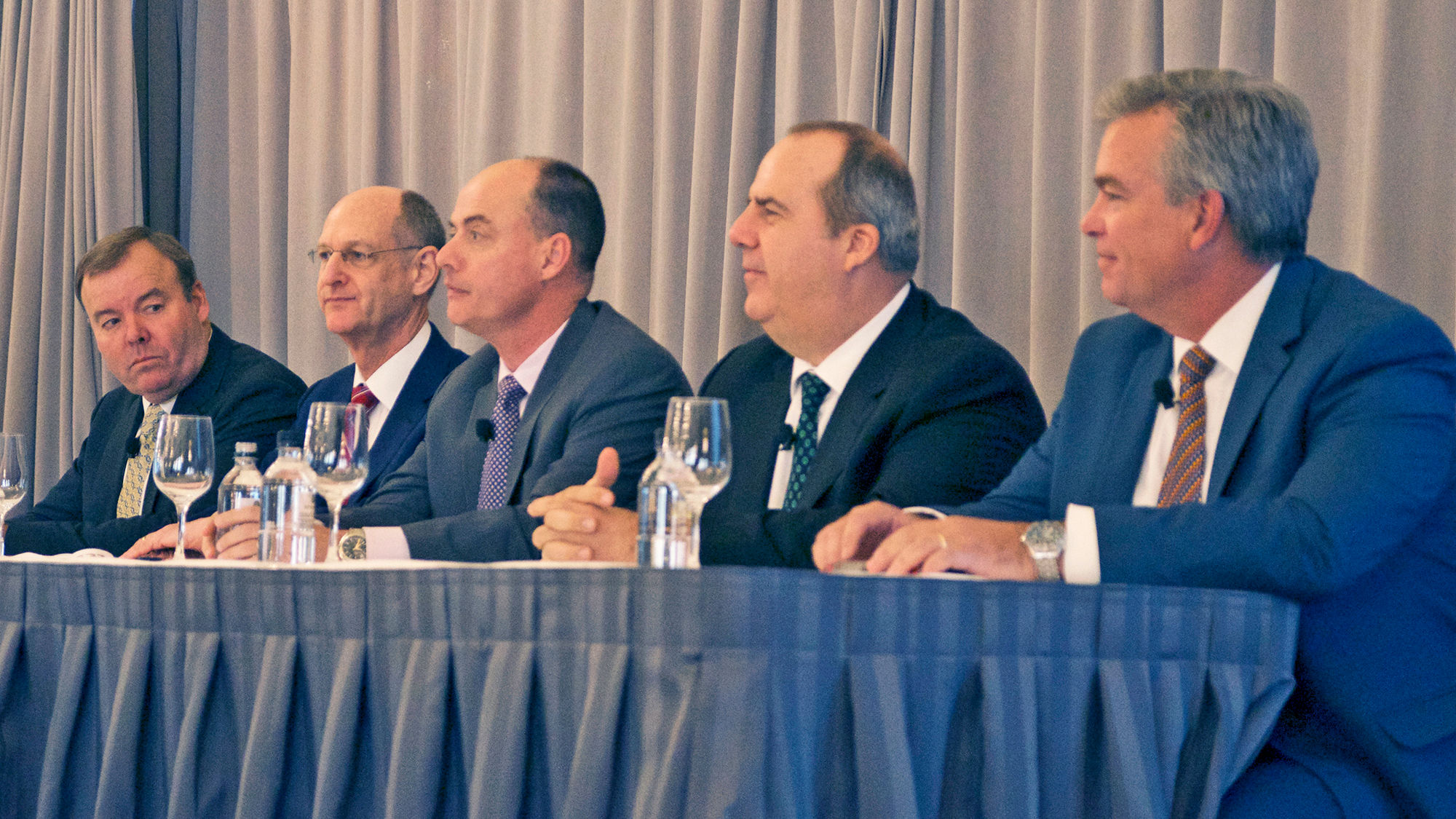 Panelists, from left: Gary Murphy, AmaWaterways; John Stauss, Four Seasons Hotels & Resorts; Randall Soy, Regent Seven Seas Cruises; Matthew Upchurch, Virtuoso; and Chuck Imhof, Delta Air Lines.