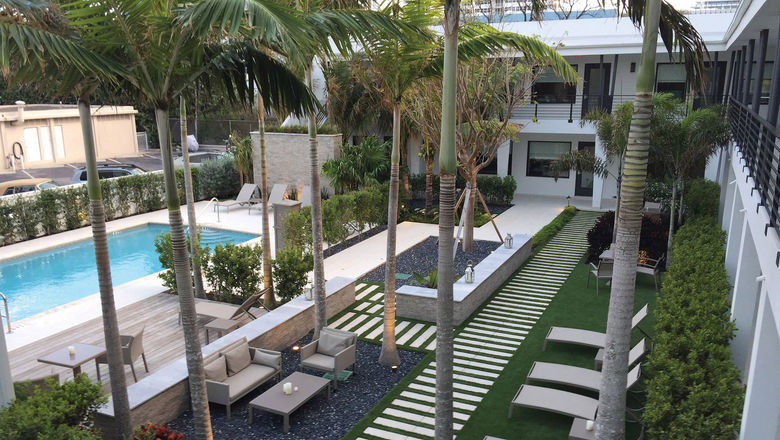 Rooms at the Ikona Hotel on Fort Lauderdale Beach surround a pleasant pool and courtyard.