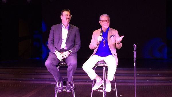 Seabourn president Rick Meadows and ship designer Adam Tihany at a news conference aboard Seabourn Encore in Singapore. Seabourn president Rick Meadows and ship designer Adam Tihany at a news conference aboard Seabourn Encore in Singapore.