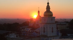 The sun rises over St. Stephen's Cathedral, in a photo taken from a room at the InterContinental Kiev.