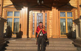 Petro Oliynyk, a Lviv grocer who took up residence as the guardian of Mezhyhirya, the lavish former home of deposed pro-Russia Ukrainian president Vladimir Yanukovych. Oliynyk wears the national flag of resistance as a cape.