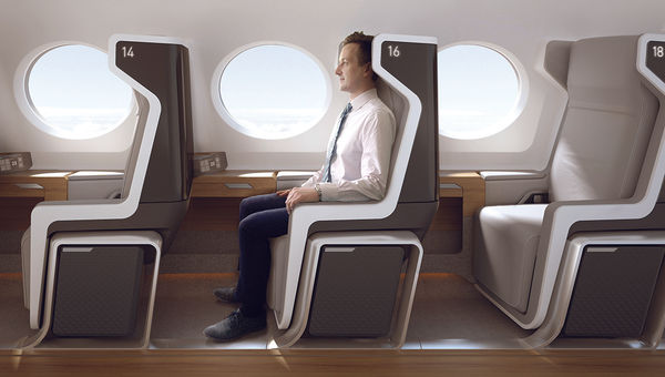 A rendering of the interior of a commercial supersonic passenger jet from Boom Technology, which is working in conjunction with Virgin Galactic. Every passenger would have a window seat. A rendering of the interior of a commercial supersonic passenger jet from Boom Technology, which is working in conjunction with Virgin Galactic. Every passenger would have a window seat.