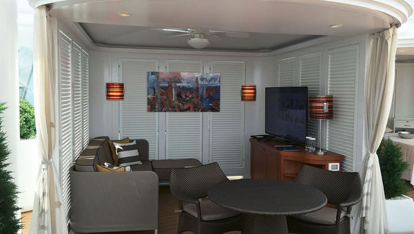 One of the 15 cabanas for rent in the Retreat on Deck 12. One of the 15 cabanas for rent in the Retreat on Deck 12.