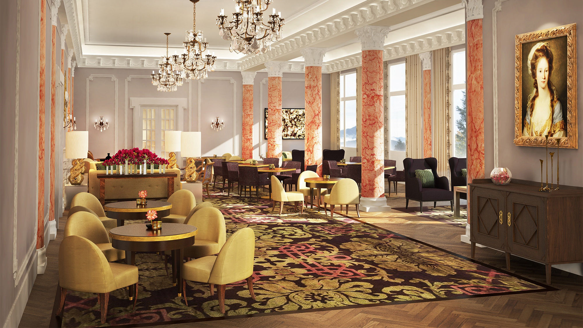 The lounge and bar at the Palace Hotel, part of the Burgenstock Resort Lake Lucerne complex.