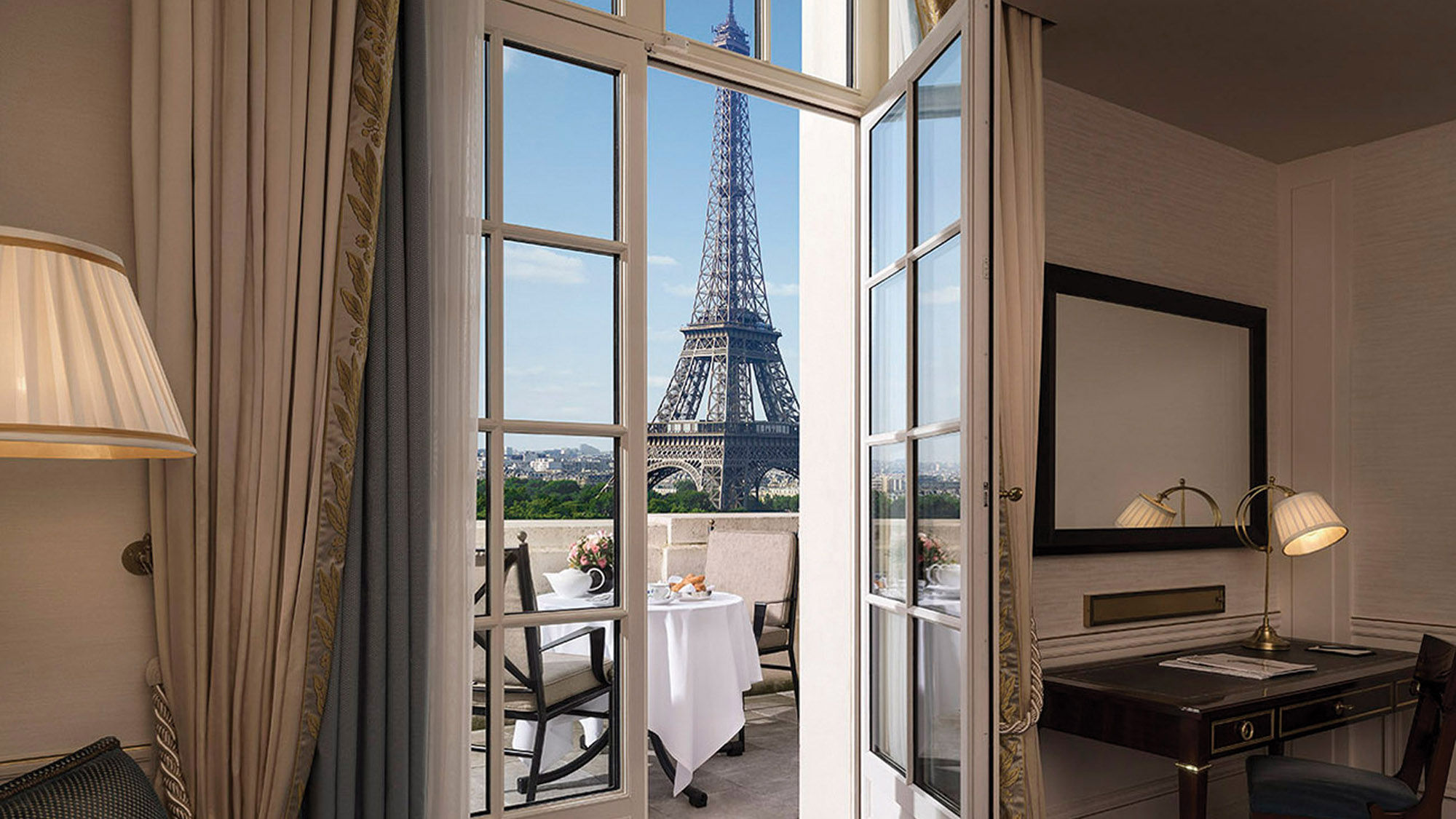 A Terrace Eiffel Tower View room at the Shangri-La Paris. The landmark can be seen clearly from many of the hotel’s guestrooms.