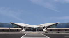 The front of the former TWA Flight Center. After the TWA Hotel is finished it will be the only facility at the airport with meetings spaces.