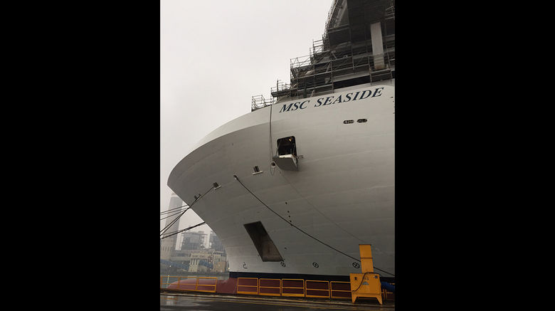 MSC offered the media and travel partners a look at the upcoming MSC Seaside, which is under construction at Fincantieri's yard in Monfalcone, Italy, and is to be the first MSC ship delivered directly to the North American market. The ship has a broad promenade up to 20 feet wide on Deck 8 to accentuate the connection to the sea.