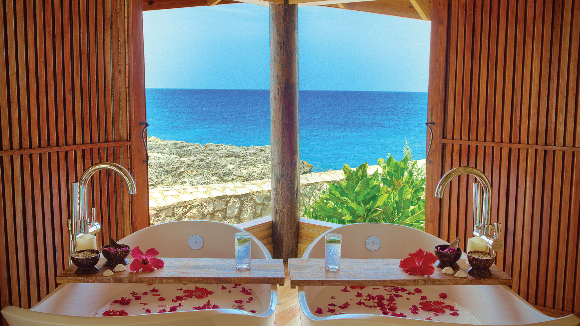 The holistic bathhouse at the Rockhouse Hotel features two soaking tubs.