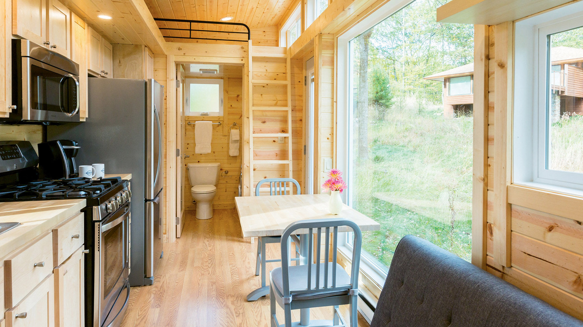 The interior of the Gold Spike’s Sugar Shack, a 344-square-foot Traveler XL Tiny Home in the hotel’s backyard.