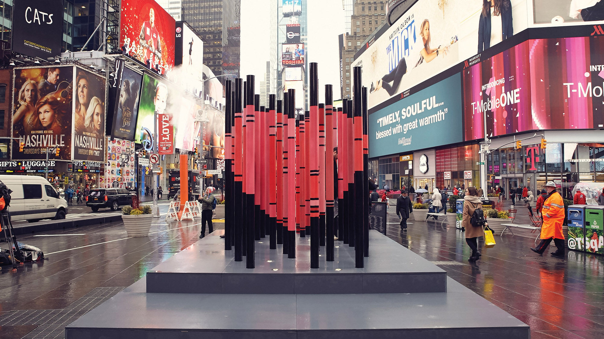 "We Were Strangers Once Too," a sculpture highlighting the role that immigrants have played in the founding and vibrancy of New York City will be on display in Times Square until March 5.
