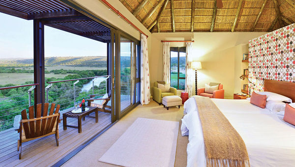 An upstairs room at the Sarili Lodge, offering a view of the Bushmans River.