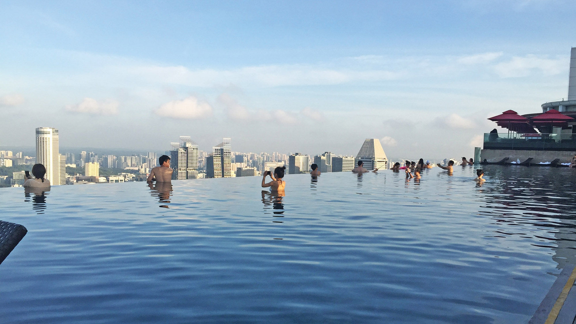 The 490-foot-long infinity pool on the 57th floor of the Marina Bay Sands in Singapore, the closest hotel to the Marina Bay Cruise Center.