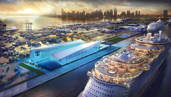 A rendering of Royal Caribbean’s planned $100 million, 170,000-square-foot PortMiami terminal. It’s scheduled to open in 2018 and can host Oasis-class vessels. A rendering of Royal Caribbean’s planned $100 million, 170,000-square-foot PortMiami terminal. It’s scheduled to open in 2018 and can host Oasis-class vessels.