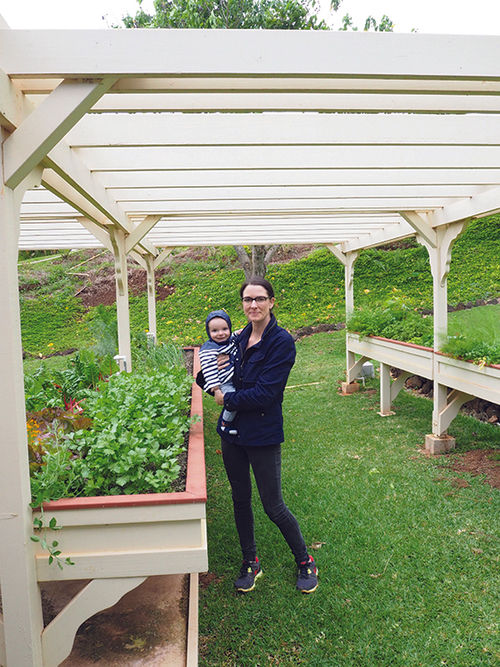 The author and Niko at Kukui’ula’s farm, where guests can pick fresh produce to cook in their vacation homes. The author and Niko at Kukui’ula’s farm, where guests can pick fresh produce to cook in their vacation homes.