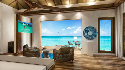 Rendering of one of the nine overwater bungalows at Sandals Grande St. Lucian, opening in May.