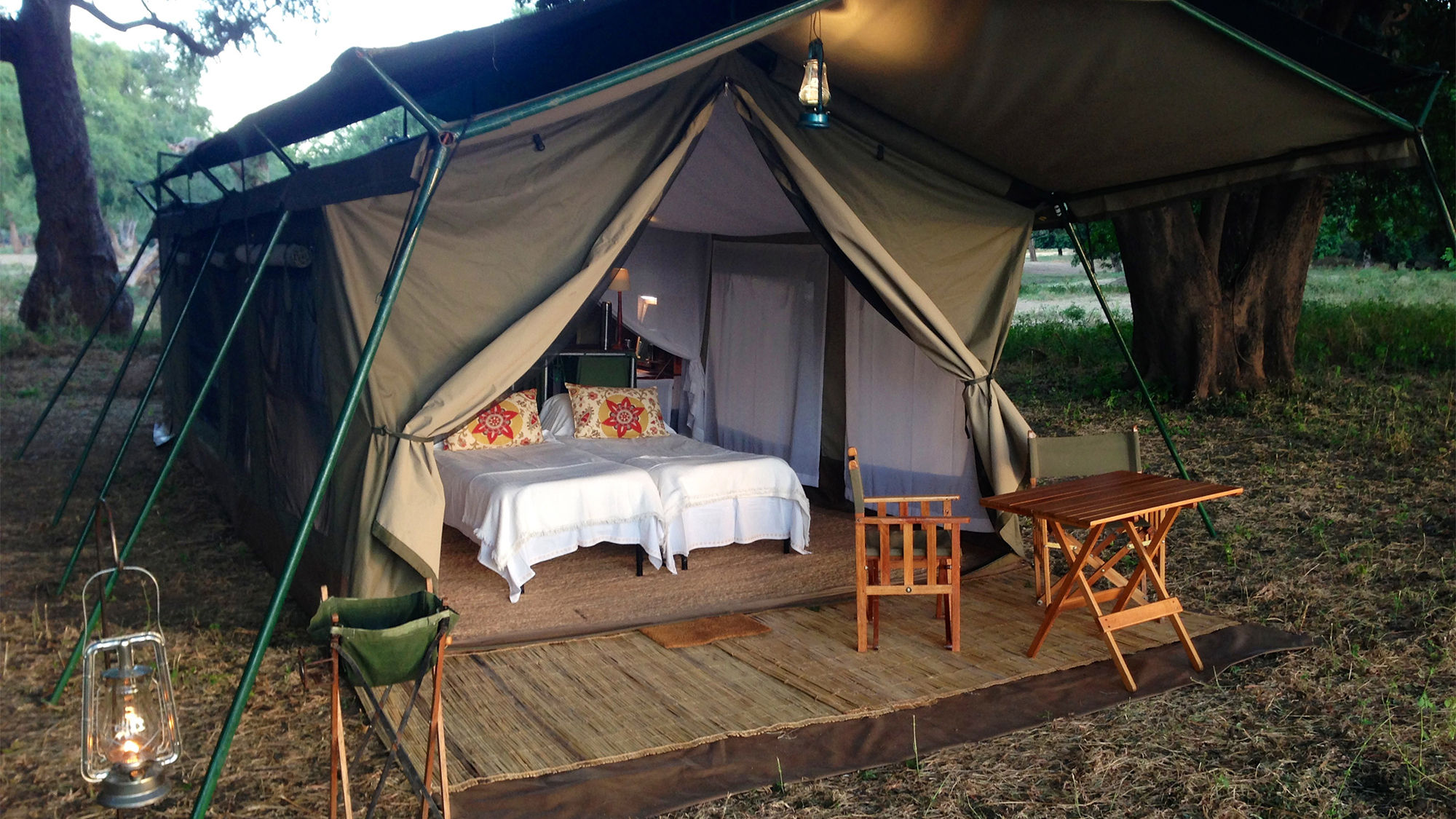 Tented accommodations at John's Camp in Mana Pools, Zimbabwe.