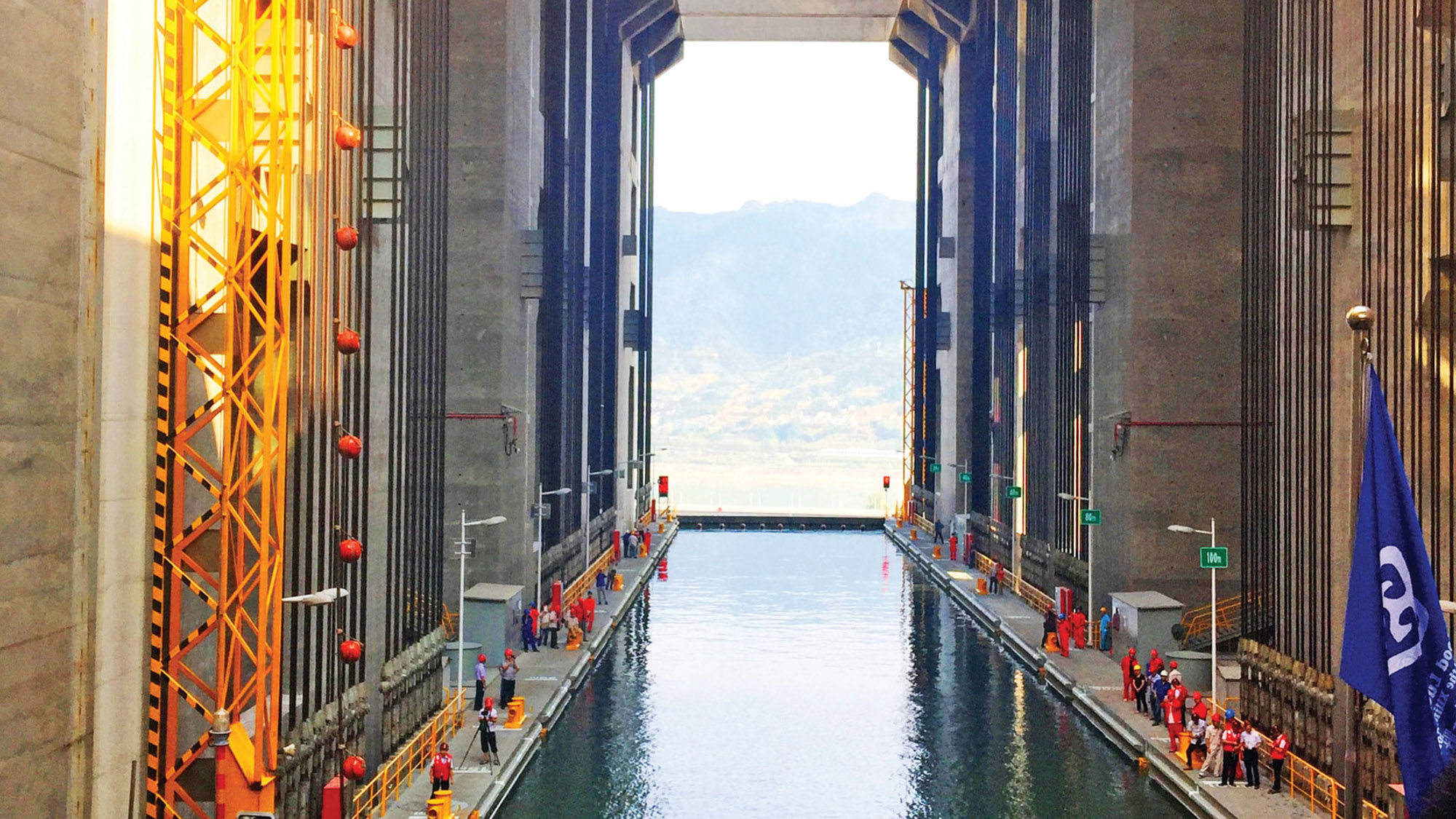 A view inside the Three Gorges Dam ship elevator on the Yangtze River, which can raise vessels up to 3,000 tons to a height of 370 feet.