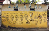 A wall covered in stencils with the image of exiled former president Mohamed Nasheed. Although Nasheed was deposed in a coup and initially jailed (he now lives in London), his Maldivian Democratic Party is still active, particularly on islands away from the capital, Male.