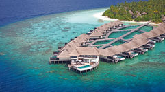 Overwater bungalows, each with a private pool, are especially popular with American and Chinese guests who stay at the Outrigger Konotta Maldives Resort. At the tip of the pier is the 6,458-square-foot, three-bedroom Grand Konotta Villa.