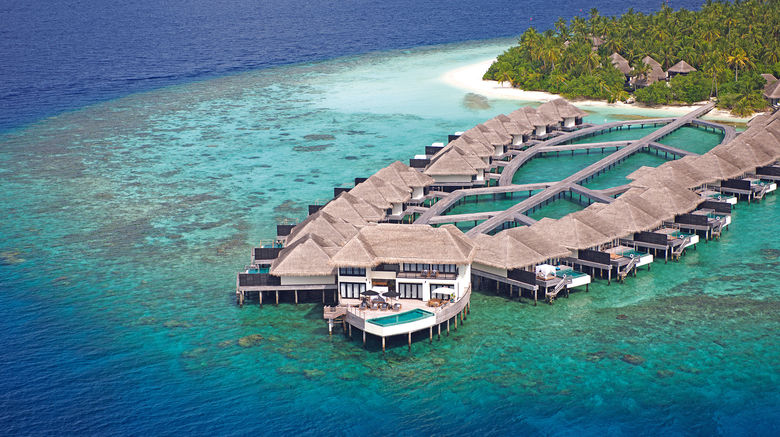Overwater bungalows, each with a private pool, are especially popular with American and Chinese guests who stay at the Outrigger Konotta Maldives Resort. At the tip of the pier is the 6,458-square-foot, three-bedroom Grand Konotta Villa.