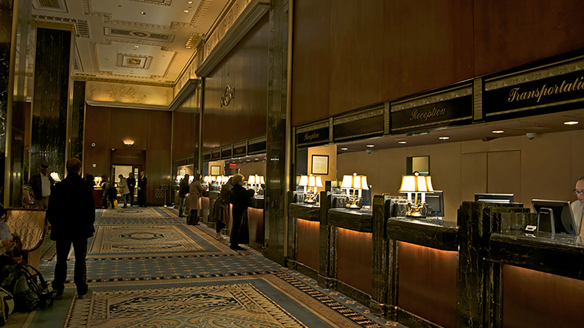 The reception desk at the Waldorf Astoria, which has been at its current location since 1931. The hotel closed on March 1 for a renovation.